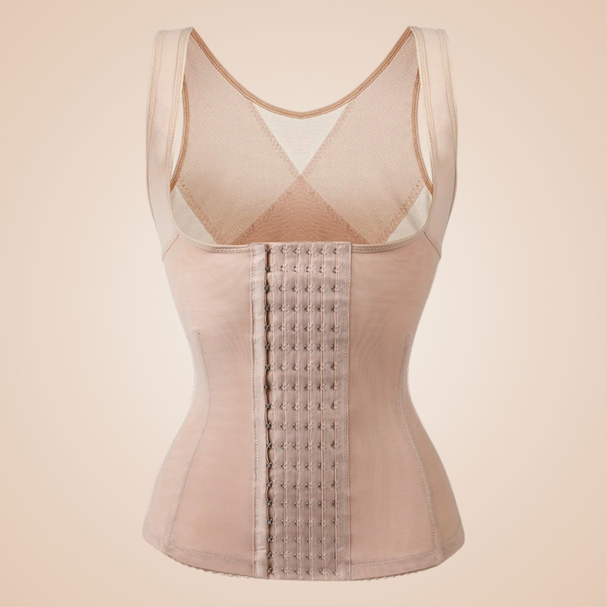 Corset minceur femme nude avec bretelles larges et fermeture à crochets sur le devant.