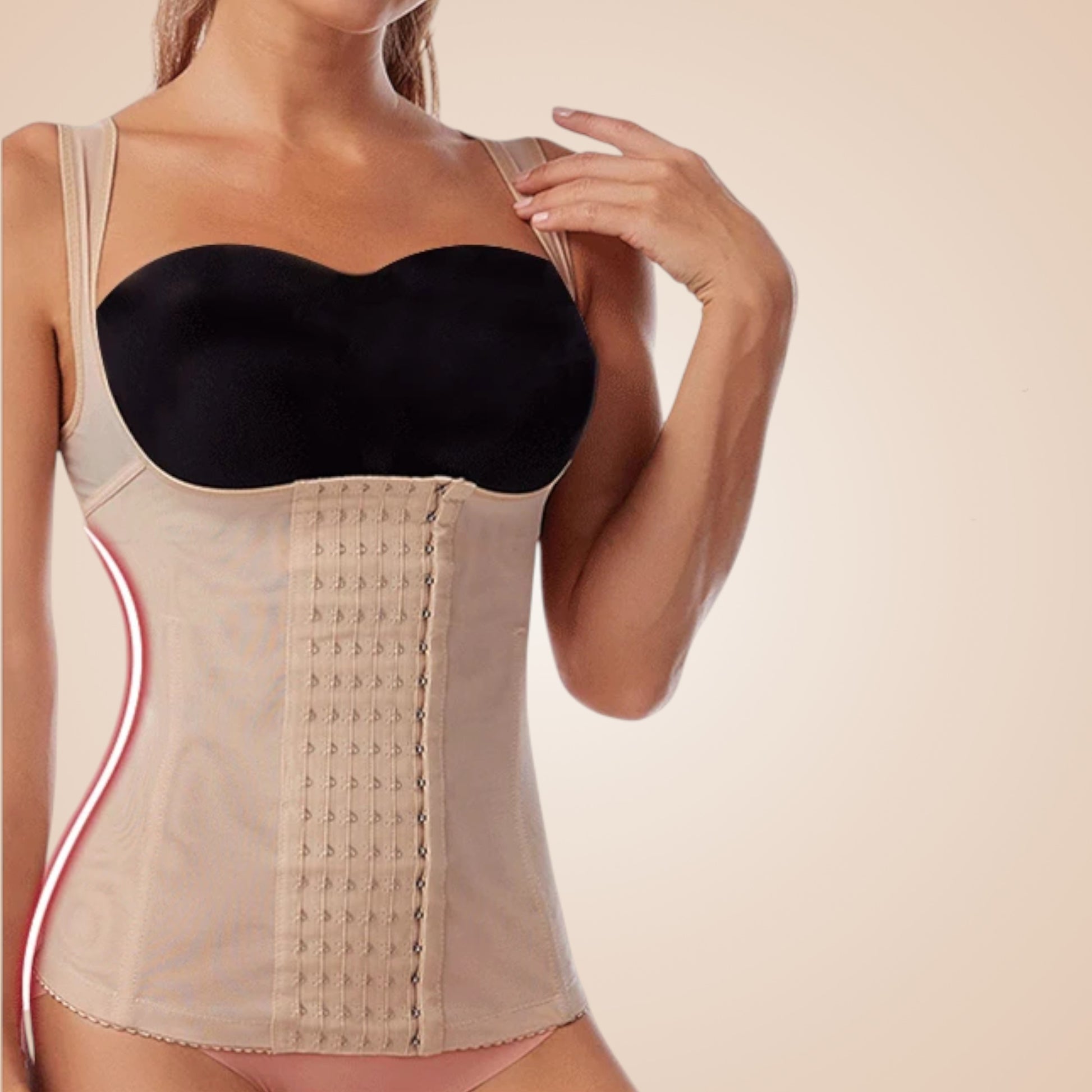 Corset minceur femme nude à multiples crochets avant et bretelles transparentes ajustables.