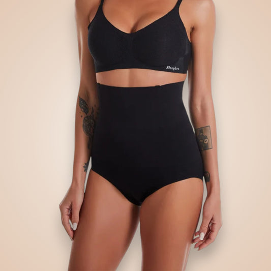 Culotte gainante noire taille haute pour femme, lingerie sculptante effet ventre plat et amincissant, gaine invisible sous vêtements.