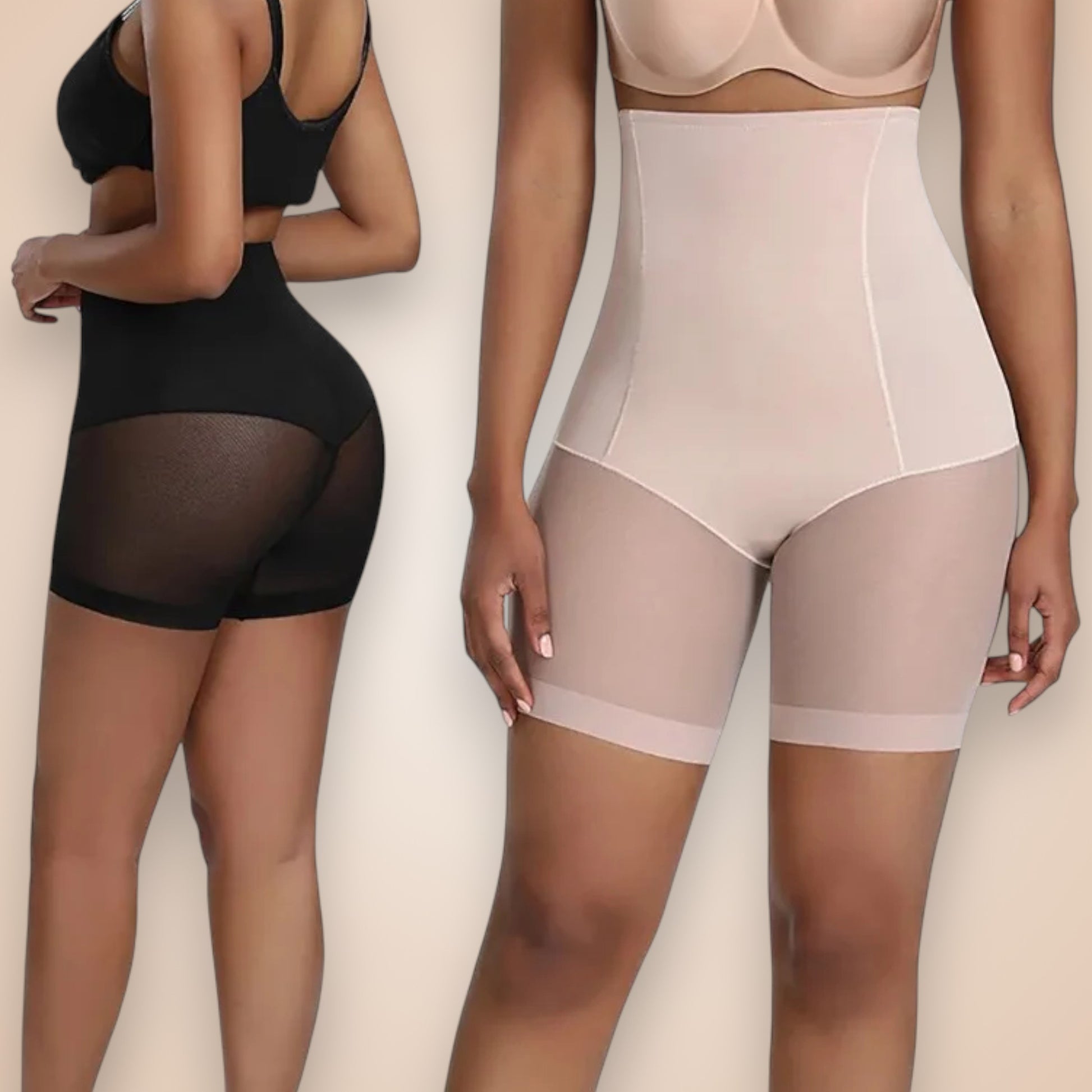 Short gainant femme taille haute noir et nude, lingerie sculptante effet ventre plat et push-up fessier, matière transparente pour une silhouette galbée et élégante.