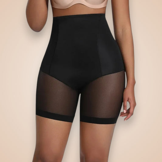 Culotte gainante noire femme à taille haute et jambes en tulle transparent, short sculptant effet ventre plat avec maintien fessier et silhouette affinée.