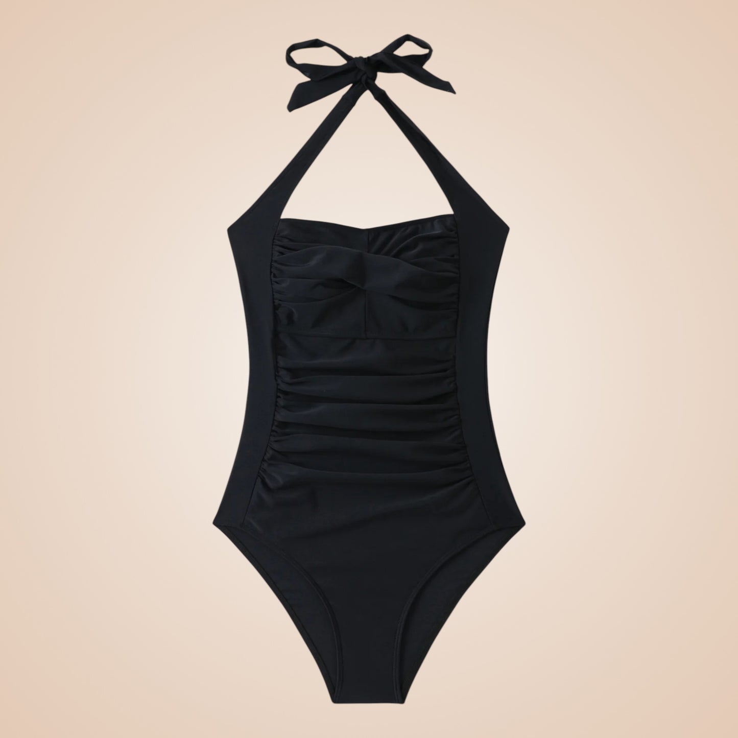 Maillot de bain gainant noir une-pièce avec col halter et fronces sur le devant.