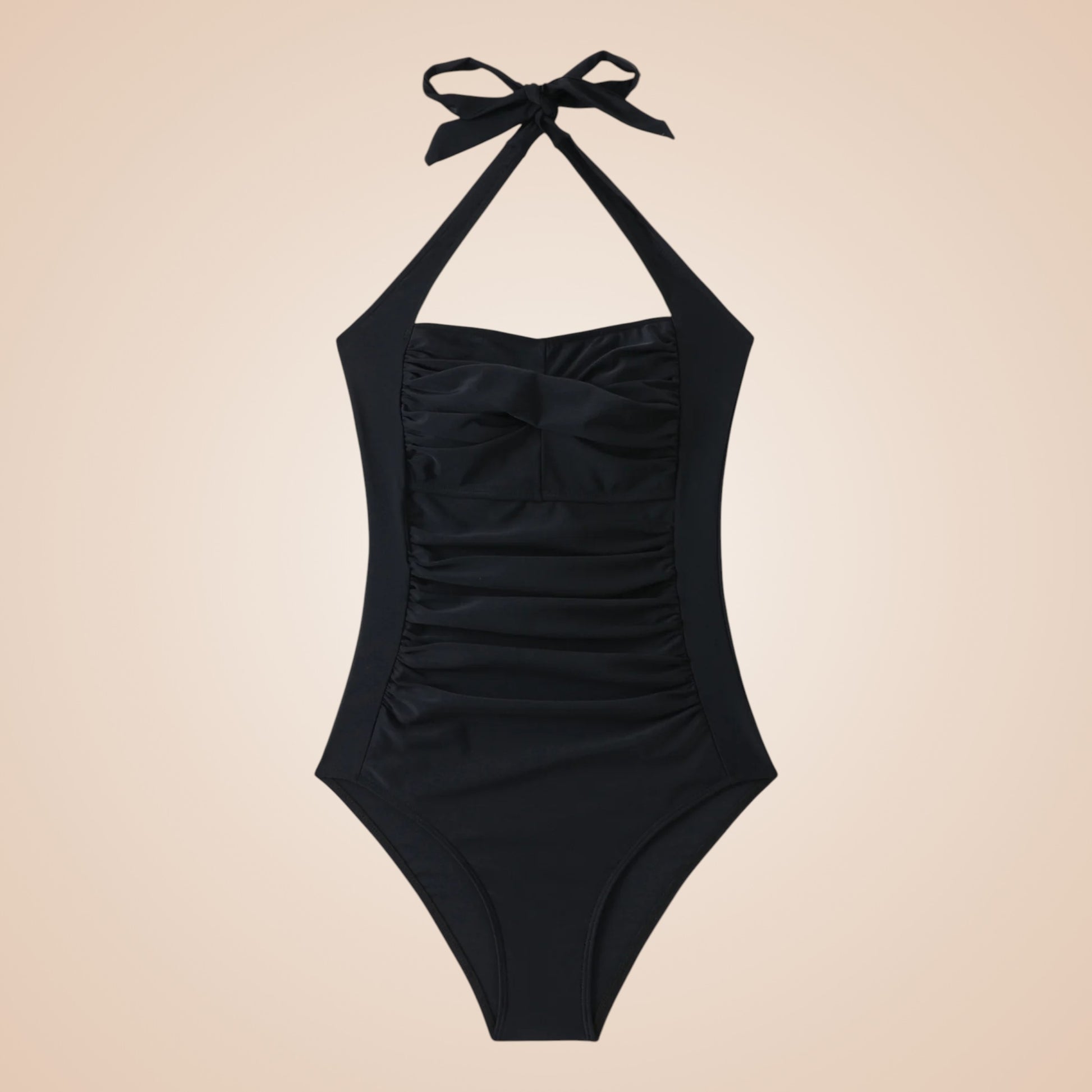 Maillot de bain gainant noir une-pièce avec col halter et fronces sur le devant.