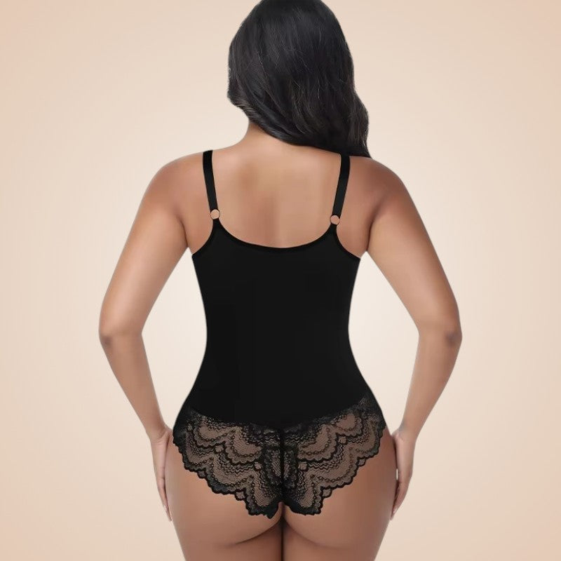 Body gainant Oba noir porté de dos, avec bretelles réglables et finitions en dentelle.